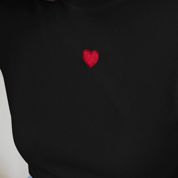 Frenchy Heart Embroidery Mock Neck Tee - Picture 4 of 7